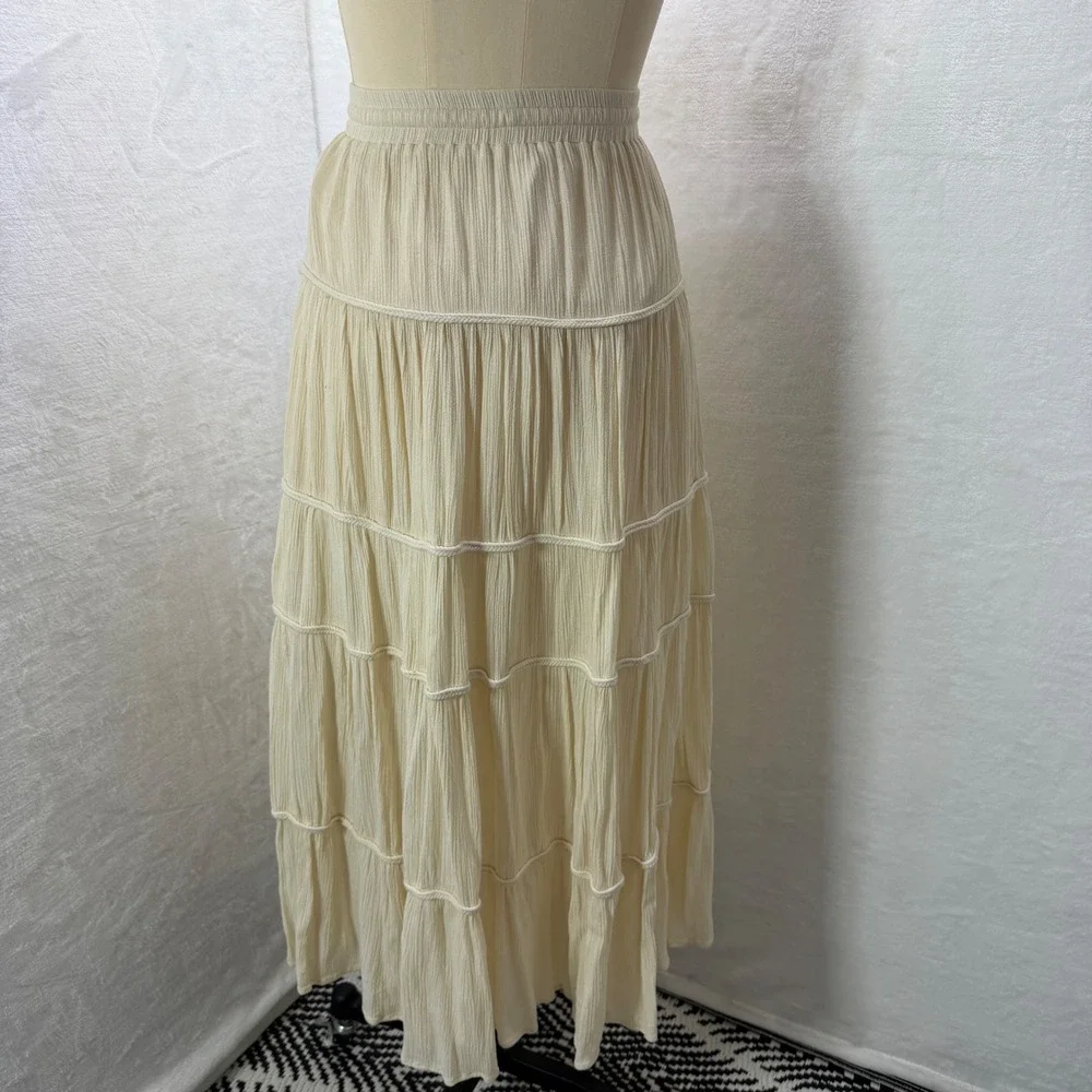 Bow & Arrow Womens L Beige Prairie Skirt Tiered Gauze‎ Boho Maxi Elastic Waist